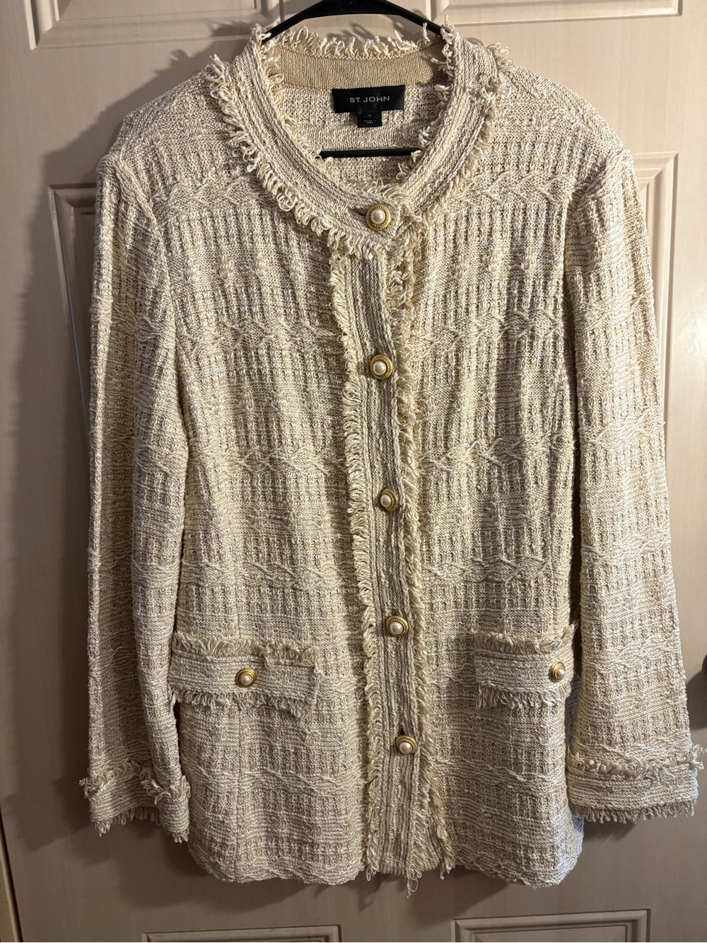 St. John Women’s Size 16 Cream Fringe-Trim Tweed Long Blazer Quiet Luxury